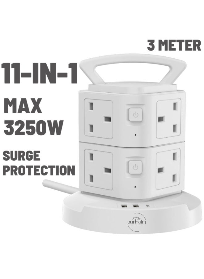 Aurheim Extension cord power strip , 8-Way Tower Socket with 1 USB-C & 2 USB-A Ports, for Office , SURGE PROTECTION , 3M Cord , Multi-Plug Extension Socket with Overload Protection (3 meter cable) - Image 1