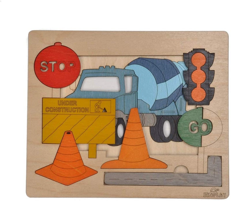 EKOPLAY Road Construction Multilayered Wooden Puzzles for Kids 20 Piece Jigsaw Puzzle for School Kids Learning Educational Toys Gifts for Boys Girls Construction Puzzles Sets Road Construction - Image 2