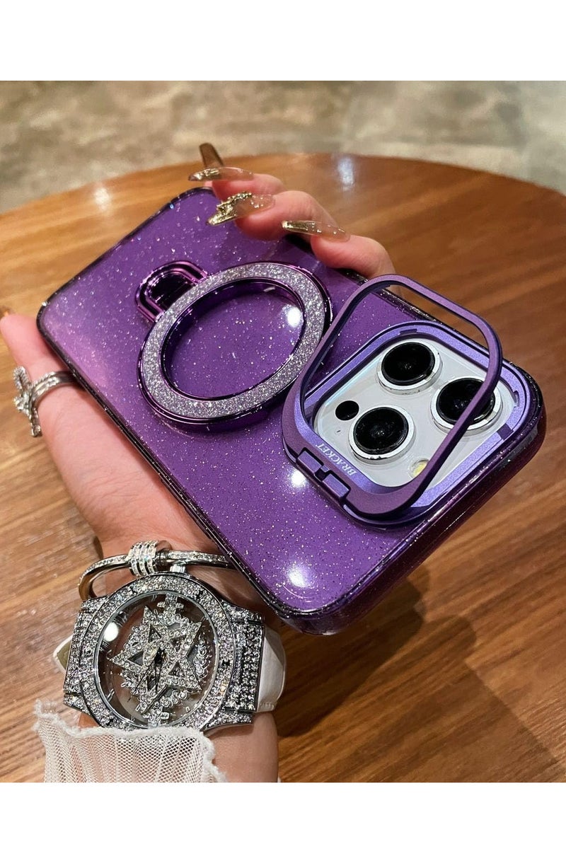 Glitter Liquid Kickstand Case for iPhone 13 Pro max,Cute Luxury Bling Sparkle with Camera stand Flowing Ring Stand Plating Bumper Shockproof Women Girls Cover for iPhone 13 pro max (Shiny Purple) - Image 1
