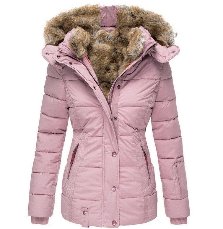 in stock Wish Amazon Winter Warm Fur Collar Cotton-padded jacket Womens Zipper Long-sleeved Slim-fit Hooded Cotton-padded Jacket Red