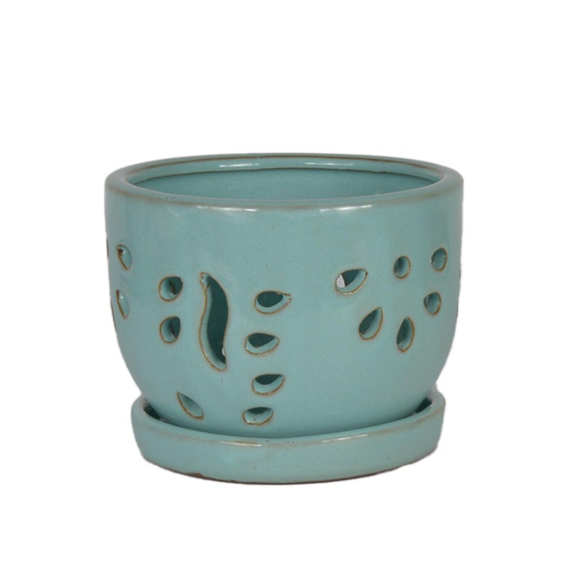 w w W&W Orchid Pot with Holes and Saucer for Repotting, Turquoise, 5.8" - Image 2
