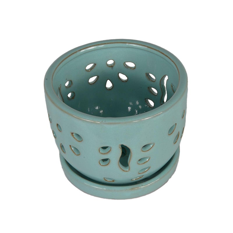 w w W&W Orchid Pot with Holes and Saucer for Repotting, Turquoise, 5.8" - Image 5
