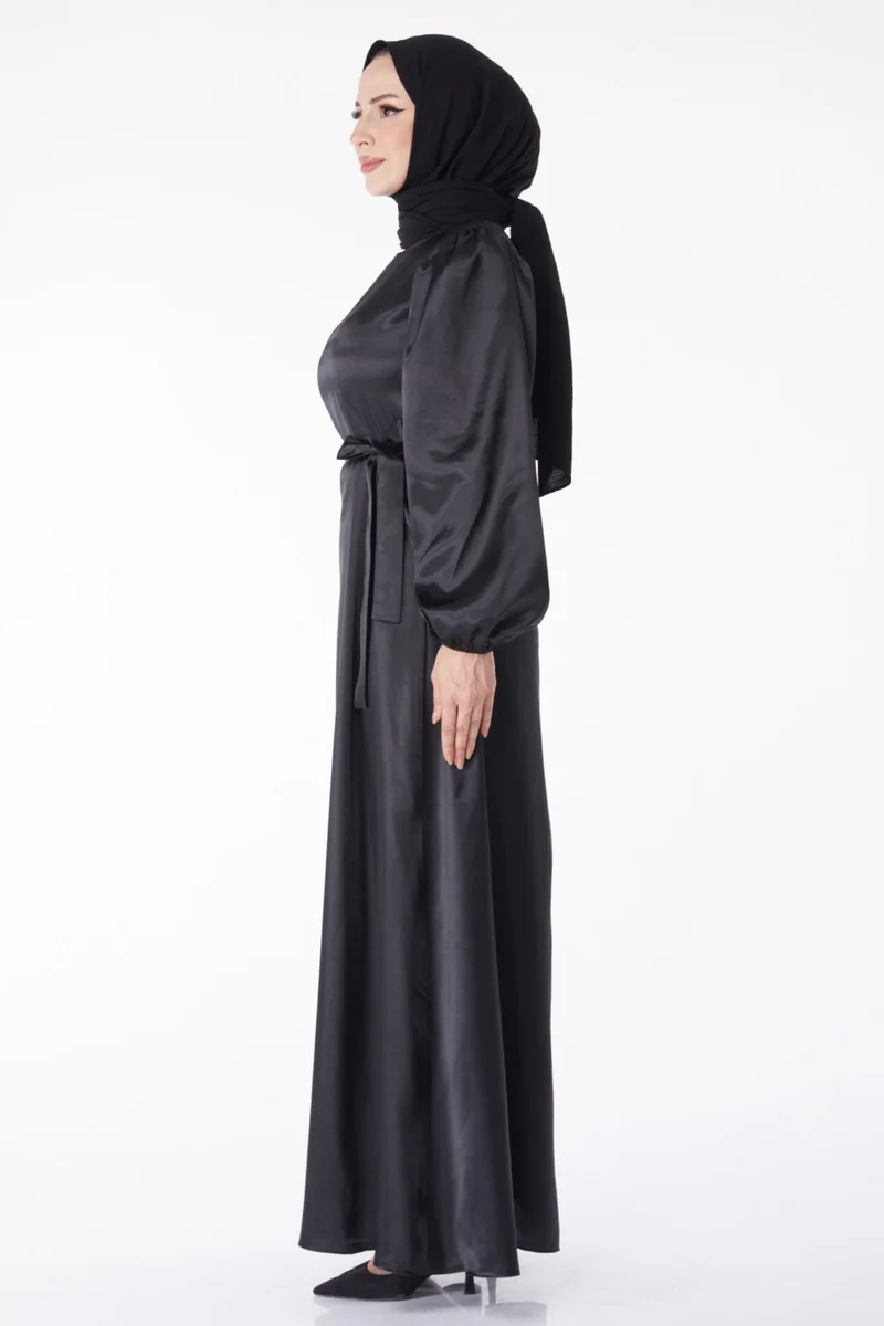 Tofisa Plain Crew Neck Women's Black Belted Dress - 13160