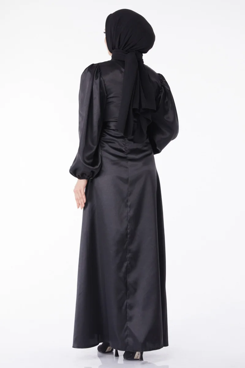 Tofisa Plain Crew Neck Women's Black Belted Dress - 13160