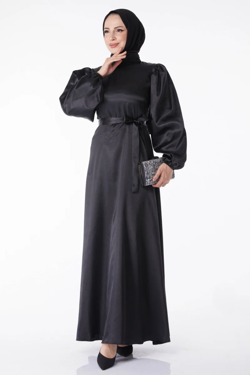 Tofisa Plain Crew Neck Women's Black Belted Dress - 13160