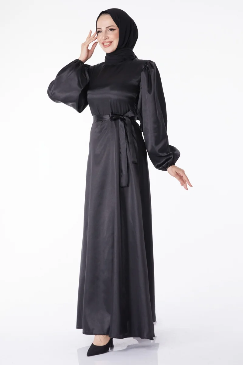 Tofisa Plain Crew Neck Women's Black Belted Dress - 13160