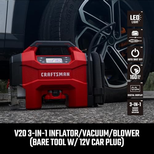 CRAFTSMAN Inflator/Vacuum/Blower 3-IN-1,Tire Inflator Portable Air Compressor with LED Light,Quiet Car Vacuum or Blower, 160 PSI for Car RV Truck,12V DC Corded and 20V DC Cordless,Tool Only - Image 2