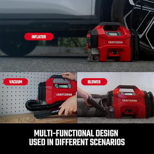 CRAFTSMAN Inflator/Vacuum/Blower 3-IN-1,Tire Inflator Portable Air Compressor with LED Light,Quiet Car Vacuum or Blower, 160 PSI for Car RV Truck,12V DC Corded and 20V DC Cordless,Tool Only - Image 3