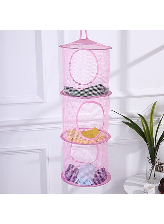 GSHLLO Mesh Hanging Storage Bags 3 Compartments Hanging Closet Shelves Foldable Stuffed Animal Net Toy Storage Hammock for Kids Room Bathroom Pink - Image 5