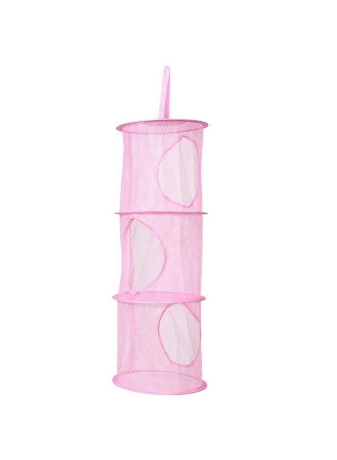 GSHLLO Mesh Hanging Storage Bags 3 Compartments Hanging Closet Shelves Foldable Stuffed Animal Net Toy Storage Hammock for Kids Room Bathroom Pink - Image 1