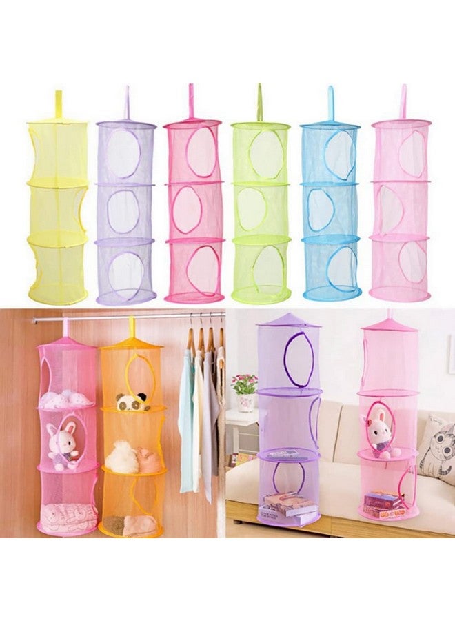 GSHLLO Mesh Hanging Storage Bags 3 Compartments Hanging Closet Shelves Foldable Stuffed Animal Net Toy Storage Hammock for Kids Room Bathroom Pink - Image 2