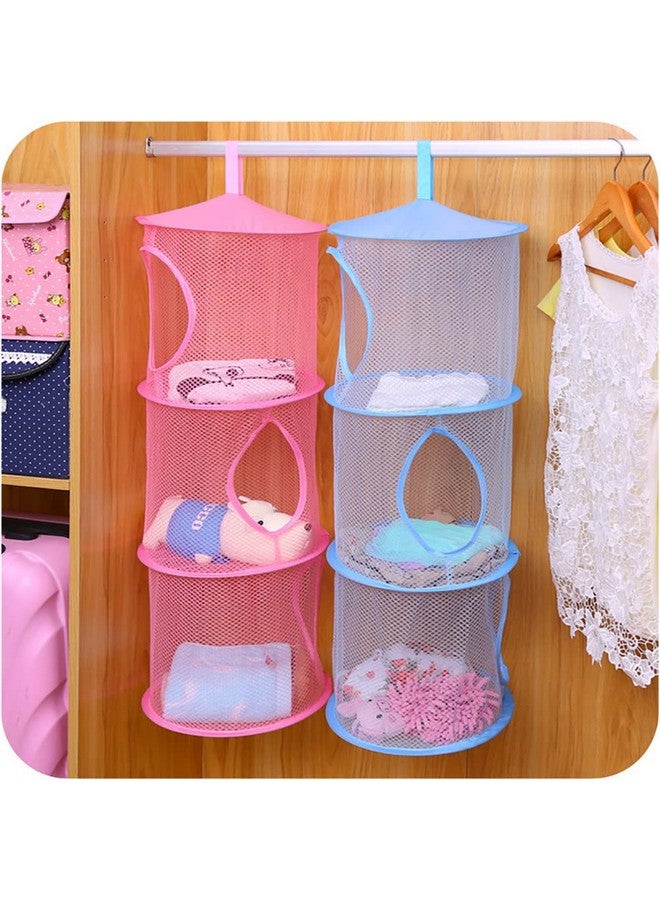 GSHLLO Mesh Hanging Storage Bags 3 Compartments Hanging Closet Shelves Foldable Stuffed Animal Net Toy Storage Hammock for Kids Room Bathroom Pink - Image 4
