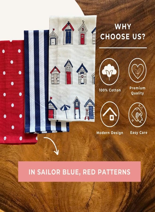 Oak & Lily Set of 3 Kitchen Napkins | Dish Towels | 100% Cotton | Premium European Quality | Washable, Large Size (40 * 60cm) Kitchen Cloth for Roti, Cleaning, Drying, Wiping | Red, White & Blue - Image 2