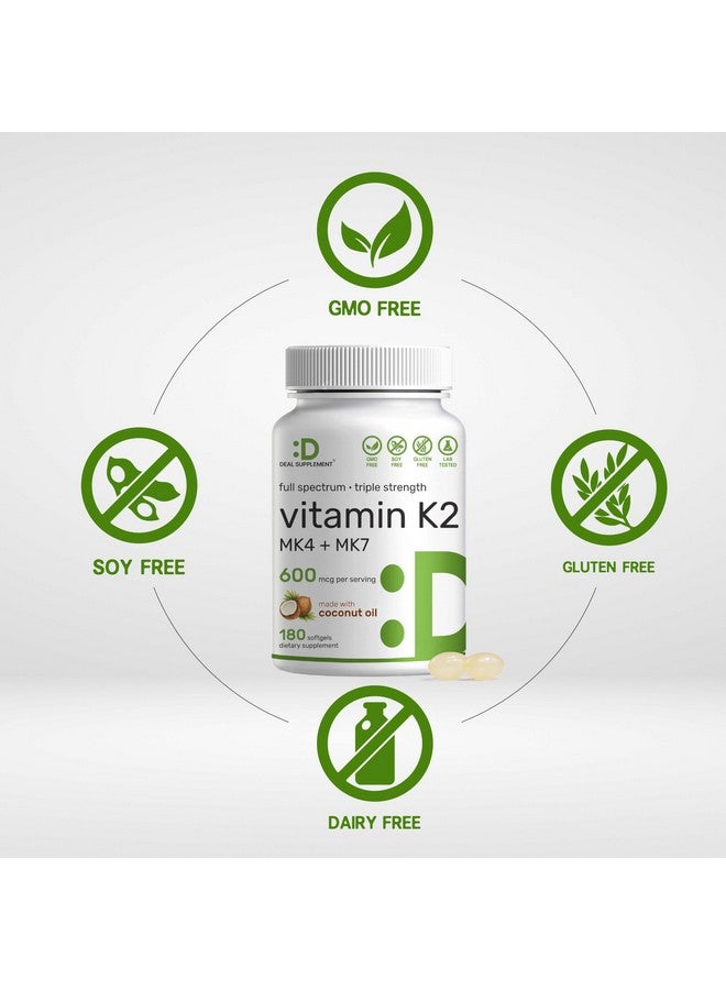 DEAL SUPPLEMENT مكمل فيتامين K2 600 ميكروغرام، 180 كبسولة زيت جوز الهند البكر (إمداد لمدة 6 أشهر) - أشكال MK-7 و MK-4 كاملة الطيف، امتصاص عالي، فيتامينات K بقوة ثلاثية - دعم العظام والمفاصل والمناعة - غير معدلة وراثيًا - Image 3