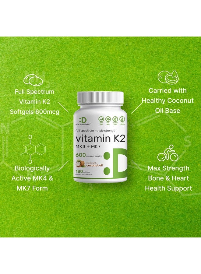 DEAL SUPPLEMENT مكمل فيتامين K2 600 ميكروغرام، 180 كبسولة زيت جوز الهند البكر (إمداد لمدة 6 أشهر) - أشكال MK-7 و MK-4 كاملة الطيف، امتصاص عالي، فيتامينات K بقوة ثلاثية - دعم العظام والمفاصل والمناعة - غير معدلة وراثيًا - Image 4