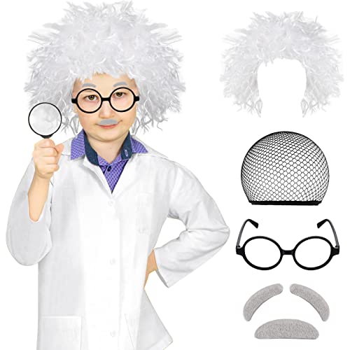 Haysandy Kids Mad Scientist Costume Crazy Physicist Costume Wig Lab Coat Glasses Mustache for 100th Day of School Cosplay1214t - Image 1