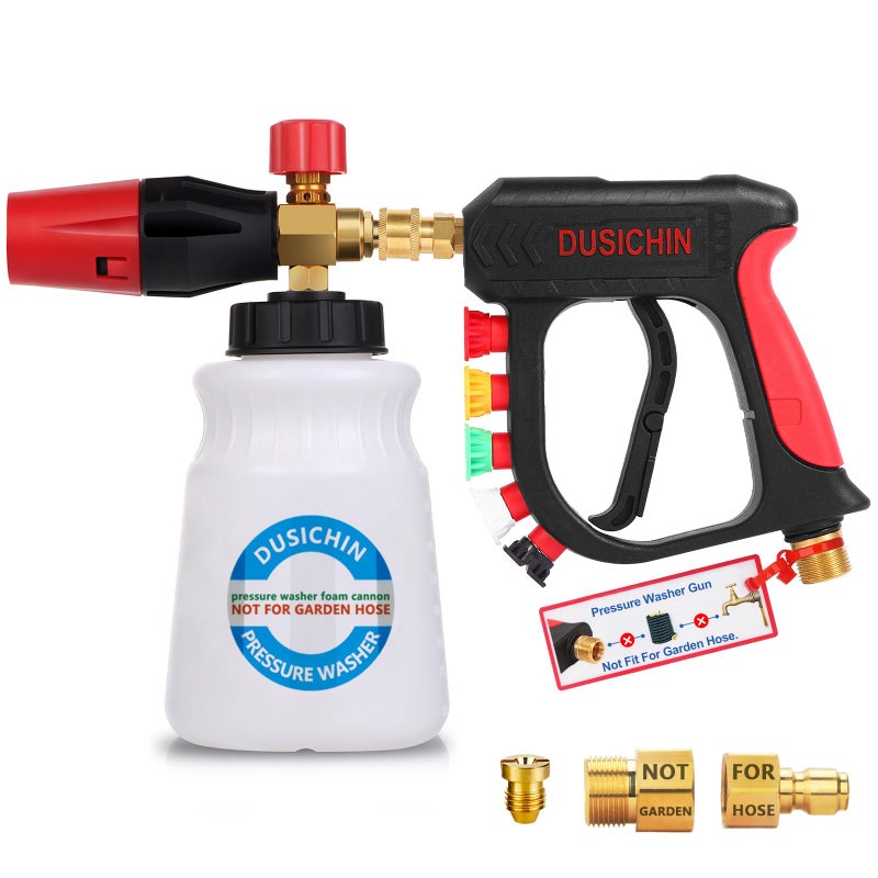 DUSICHIN Foam Cannon Short Pressure Washer Gun 1/4 Inch Quick Connector,Car Wash Foam Gun with 5 Pressure Washer Nozzle Tips 3/8'' Swivel Quick Connector,Additional Orifice Nozzle 1.04mm Car Washing - Image 1