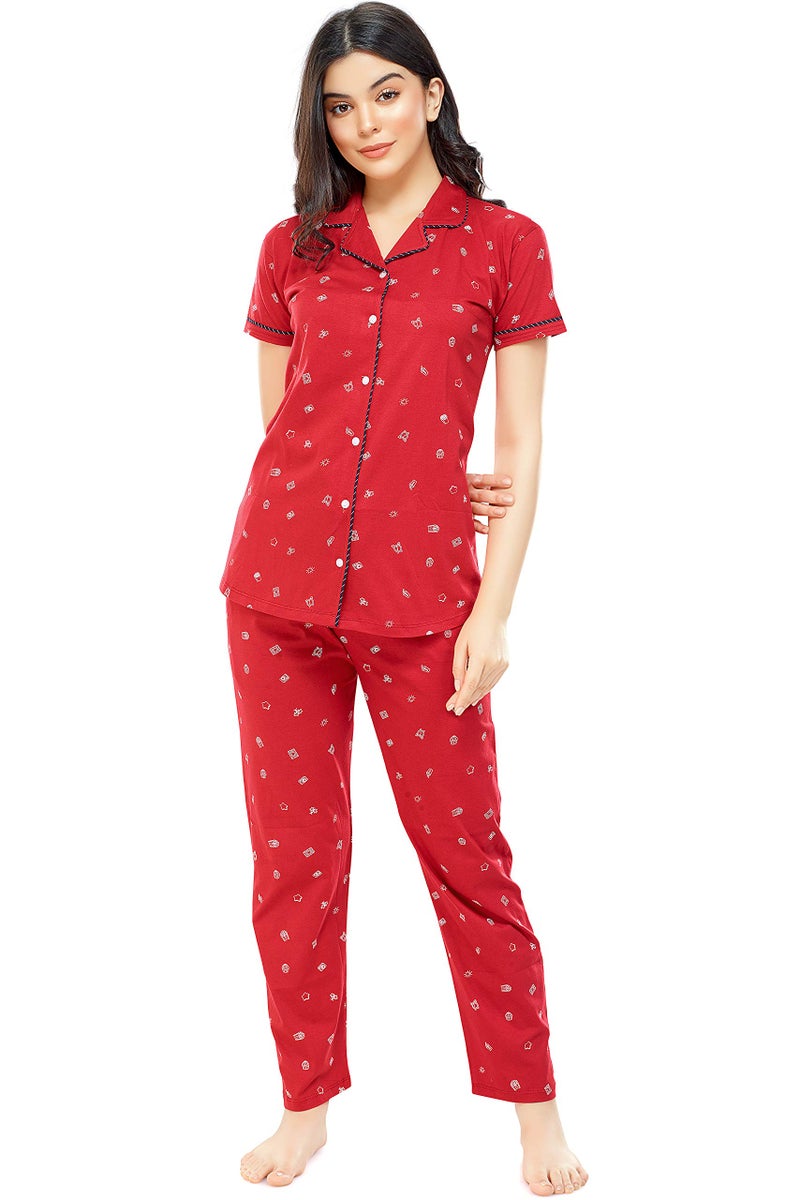 ZEYO Women's Cotton Printed Red Night Suit set of Shirt & Pyjama 5262 - Image 1