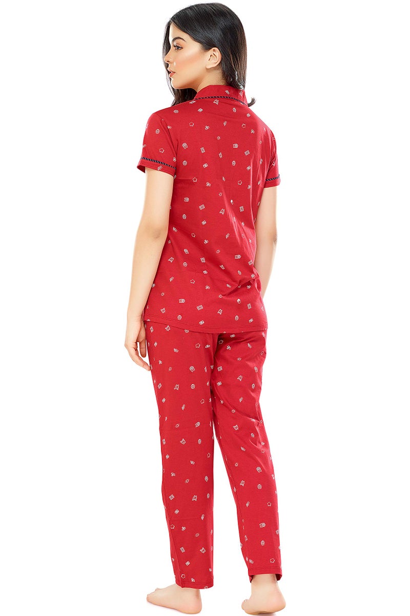 ZEYO Women's Cotton Printed Red Night Suit set of Shirt & Pyjama 5262 - Image 3
