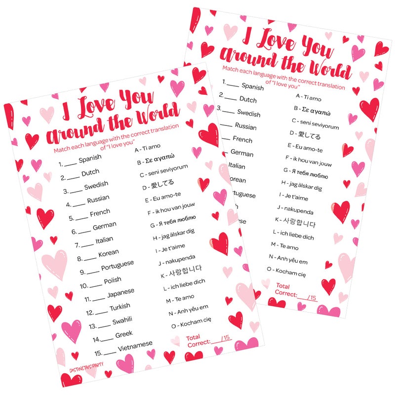 DISTINCTIVS Valentineâ€™s Day I Love You Around The World Game â€“ 25 Player Cards, Classroom Party Activity, Fun Language Matching Game for Kids, Educational Valentine Party Game - Image 1