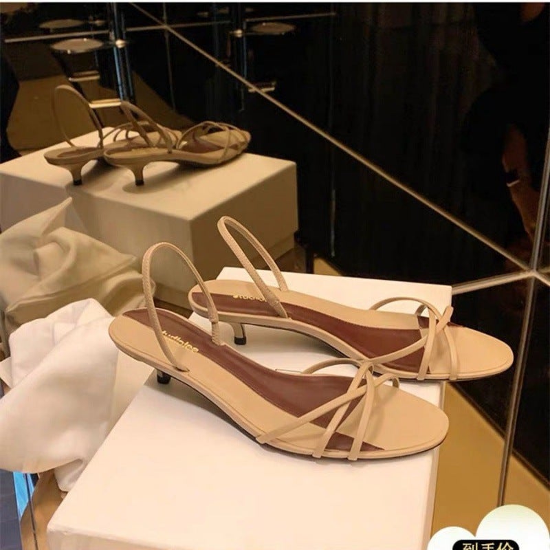 Grape Mom studiolee South France Holiday ~ Minimalist row Wind Cross Strap Elegant French Xiao Mao Heel Sandals Brown spelled apricot (two wear)