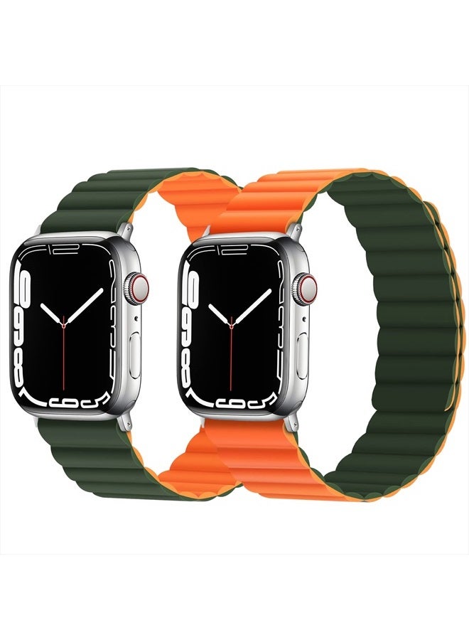 Anlinser Magnetic Bands Compatible with Apple Watch Band 45mm 44mm 42mm 41mm 40mm 38mm, Women Men Double Side Reversible Strap for iWatch Series 8/7/6/5/4/3/2/1/SE (41mm/40mm/38mm, Green/Orange) - Image 2