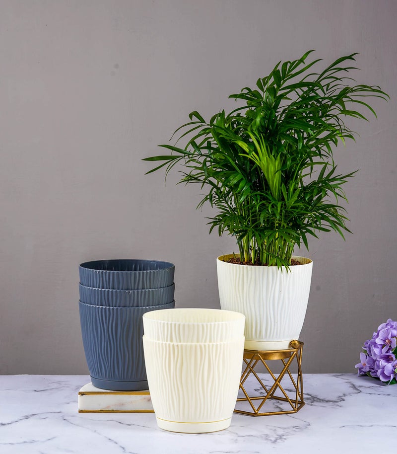 Nurturing Green® Set of 3 Grey & 3 Ivory 'Tide' Self Watering Plastic Pots (5.5 Inch Wide) with Drainage Holes for Home, Garden & Balcony Decor (Plants & Metal Stand Not Included) - Image 1