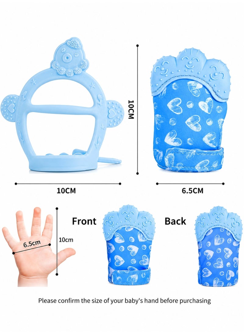 ColaBear 2Pcs Silicone Teething Mitten Set, Baby Teething Toy with Lion & Hearts Pattern, Toddler Teething Gloves with Adjustable Strap, Crinkle Sound, Self Soothing Baby Chew Toys for Infants (Blue) - Image 2