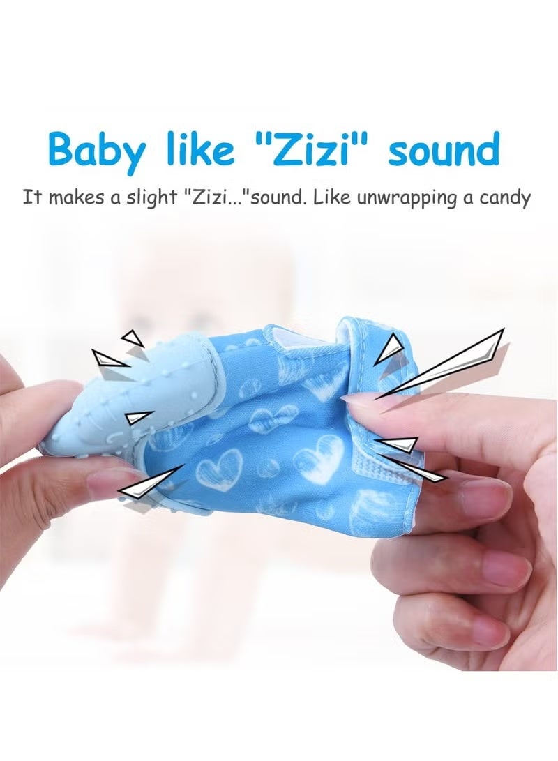 ColaBear 2Pcs Silicone Teething Mitten Set, Baby Teething Toy with Lion & Hearts Pattern, Toddler Teething Gloves with Adjustable Strap, Crinkle Sound, Self Soothing Baby Chew Toys for Infants (Blue) - Image 5