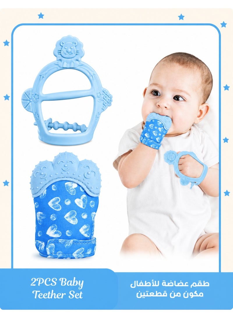 ColaBear 2Pcs Silicone Teething Mitten Set, Baby Teething Toy with Lion & Hearts Pattern, Toddler Teething Gloves with Adjustable Strap, Crinkle Sound, Self Soothing Baby Chew Toys for Infants (Blue) - Image 1