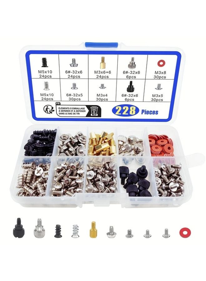 228pcs Computer Screw Assortment Kit Standoffs NVMe HDD Hard Drive Fan Chassis ATX Case - Image 1