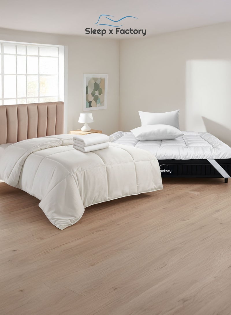 Sleep x Factory Luxury Hotel Comfort Sleep Bundle, 6 Pcs, Fits 200 x 180 cm Double Size Bed, 14 cm Mattress Topper, Duvet Comforter, 2 Hotel Pillows, 2 Cotton Bath Towels 140 x 70 cm - Image 1