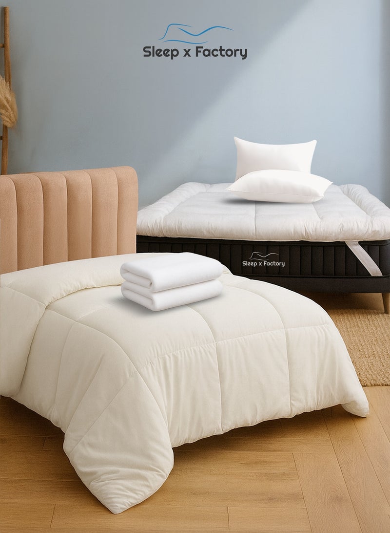 Sleep x Factory Luxury Hotel Comfort Sleep Bundle, 6 Pcs, Fits 200 x 180 cm Double Size Bed, 14 cm Mattress Topper, Duvet Comforter, 2 Hotel Pillows, 2 Cotton Bath Towels 140 x 70 cm - Image 2