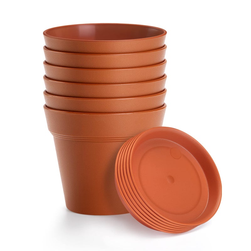 Fhwty 6 Pack Plastic Plant Pots With Drainage Holes And Tray  4 Inch Thickened Indoor Planters Seedlings Nursery Pots For Flowers  African Violet  Succulent And All House Plants  Terracotta - Image 1