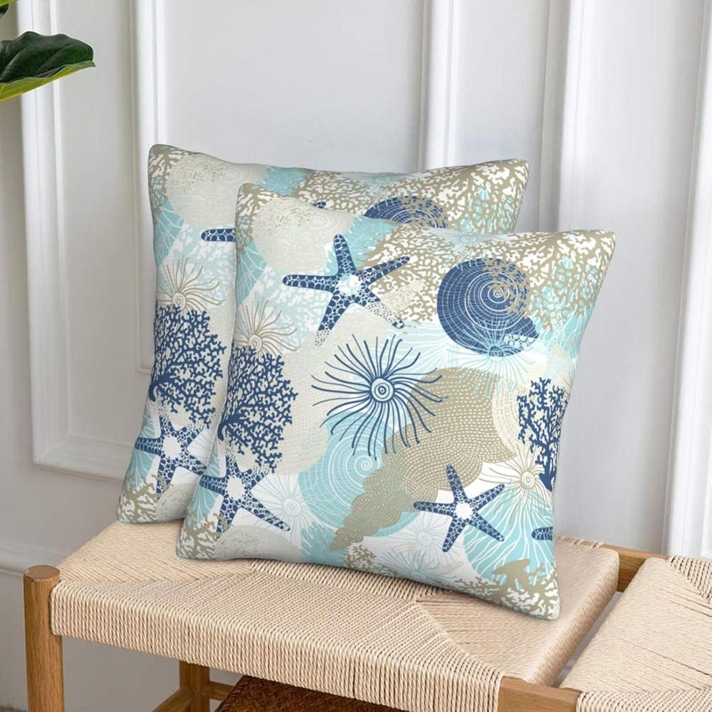 Poream Beach Ocean Starfish Seashell Nautical Coastal Throw Pillow Covers 16x16 in Farmhouse Pillow Case Soft Outdoor Cushion Covers Set of 2 for Sofa Bed Bedroom Car Chair Living Room Home Decorative - Image 3