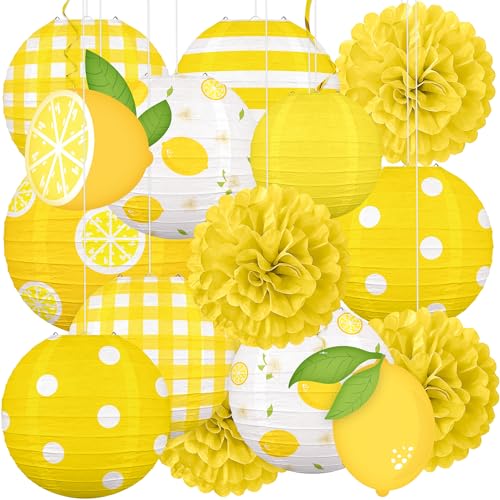 Renbuzhu 15PCS Summer Lemon Party Decorations Paper Lanterns Pom Poms Hanging Swirls Yellow Theme Lemonade Stand Italian Decor for Birthday Home Backyard Indoor Outdoor - Image 1