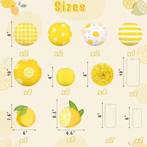 Renbuzhu 15PCS Summer Lemon Party Decorations Paper Lanterns Pom Poms Hanging Swirls Yellow Theme Lemonade Stand Italian Decor for Birthday Home Backyard Indoor Outdoor - Image 3