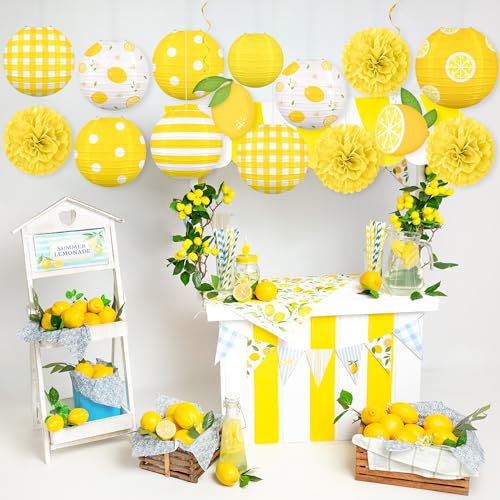 Renbuzhu 15PCS Summer Lemon Party Decorations Paper Lanterns Pom Poms Hanging Swirls Yellow Theme Lemonade Stand Italian Decor for Birthday Home Backyard Indoor Outdoor - Image 5