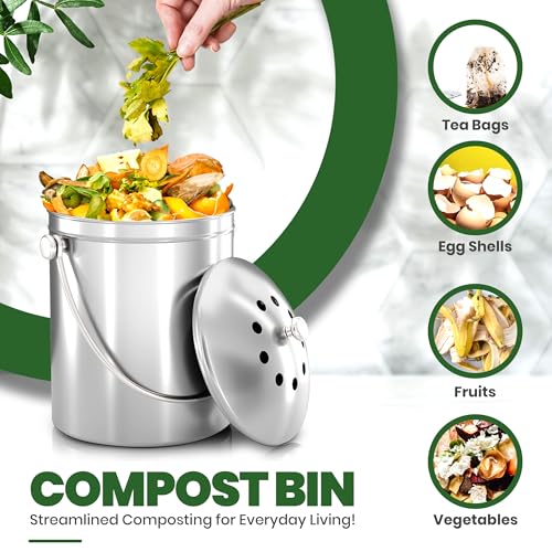 Utopia Kitchen Indoor Compost Bin Kitchen, Odorless Composting with Charcoal Filter, 1.3 Gallon Stainless Steel Large Composter for Countertop & Under Sink, Easy Cleaning, One Extra Filter - (Silver) - Image 3