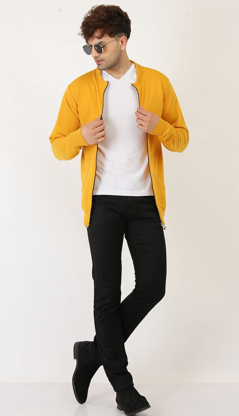 LEOTUDE Men's Regular Fit Loopknit Solid Bomber Jacket (JKT02_GRY02BL_P_Mustard_S) - Image 3
