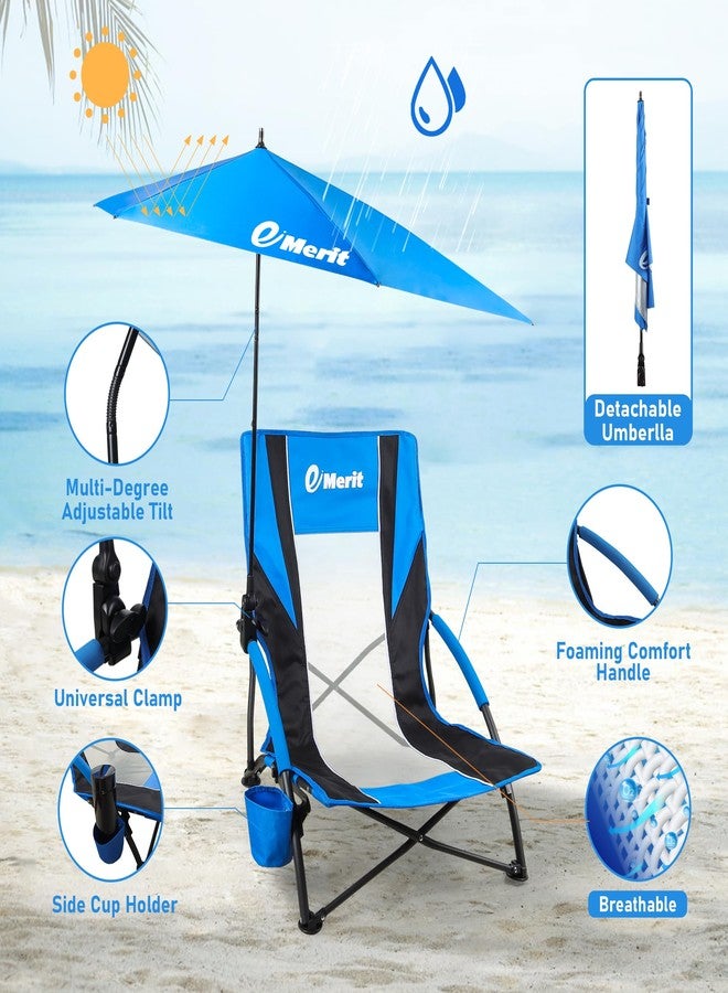 EMERIT Low Beach Chairs for Adults, Sling Beach Chair with Umberalla, Folding Backpack Camping Chair with Cup Holder - Image 3