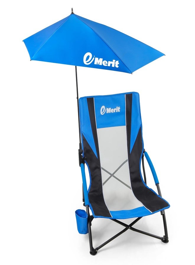 EMERIT Low Beach Chairs for Adults, Sling Beach Chair with Umberalla, Folding Backpack Camping Chair with Cup Holder - Image 1