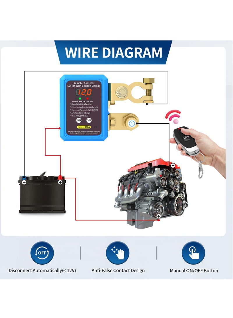 240A 12V Remote Battery Disconnect Switch with LED Voltage Display, Automatic Power Shut-Off Anti-Theft Kill Switch for Car, Truck, Boat - Image 4