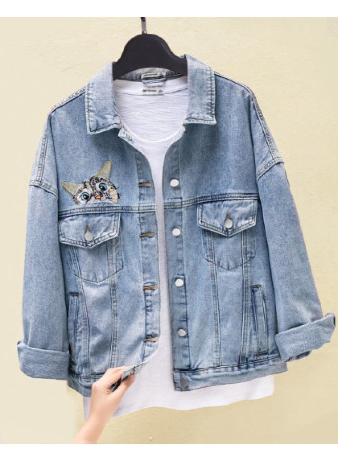 Jeanswest Early Autumn Denim Jacket Women's Embroidered Cat Slimming Bf Versatile Top Loose Jacket - Image 1