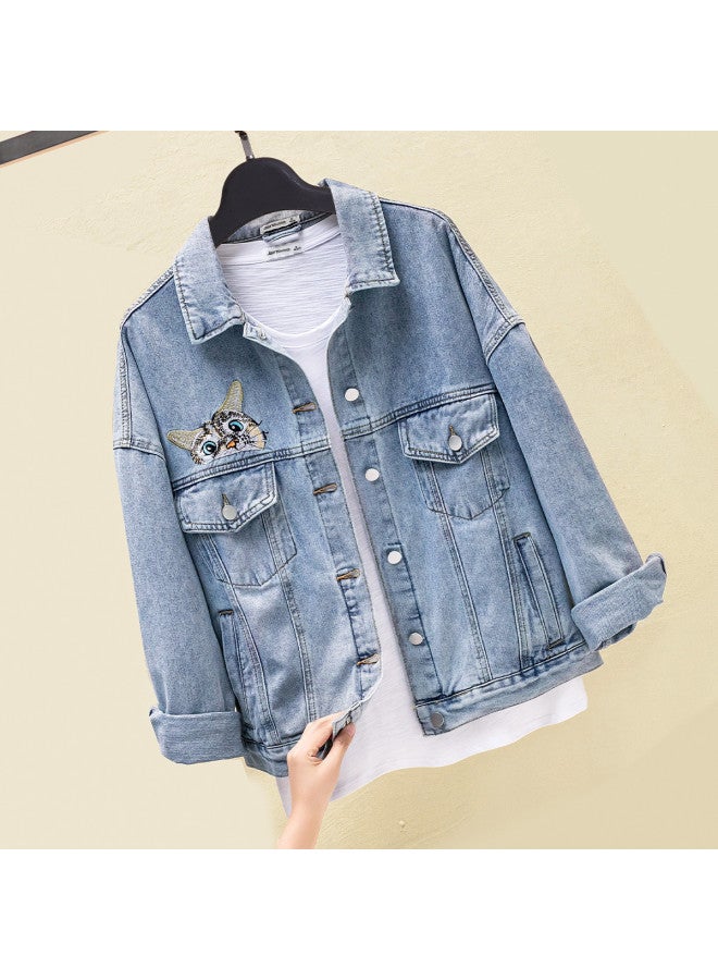 Jeanswest Early Autumn Denim Jacket Women's Embroidered Cat Slimming Bf Versatile Top Loose Jacket - Image 2