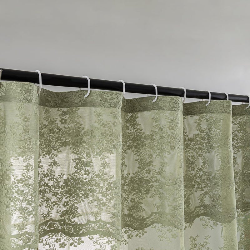 TUDECO Sage Green Shower Curtain with Attached Valance, Knitted Sheer Lace Floral Summer Bathroom Curtain, Scalloped Edge Reinforced Holes Top Green Boho Spring Shower Curtain, 72 x 72 Inch, 1 Panel - Image 2