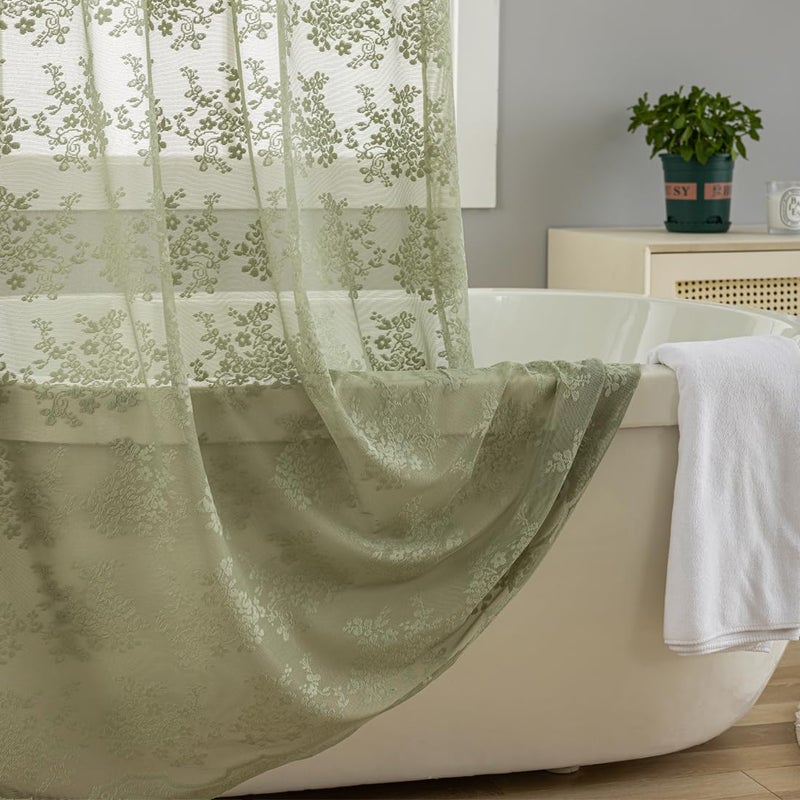 TUDECO Sage Green Shower Curtain with Attached Valance, Knitted Sheer Lace Floral Summer Bathroom Curtain, Scalloped Edge Reinforced Holes Top Green Boho Spring Shower Curtain, 72 x 72 Inch, 1 Panel - Image 4