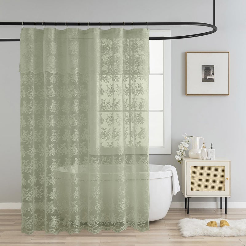 TUDECO Sage Green Shower Curtain with Attached Valance, Knitted Sheer Lace Floral Summer Bathroom Curtain, Scalloped Edge Reinforced Holes Top Green Boho Spring Shower Curtain, 72 x 72 Inch, 1 Panel - Image 1