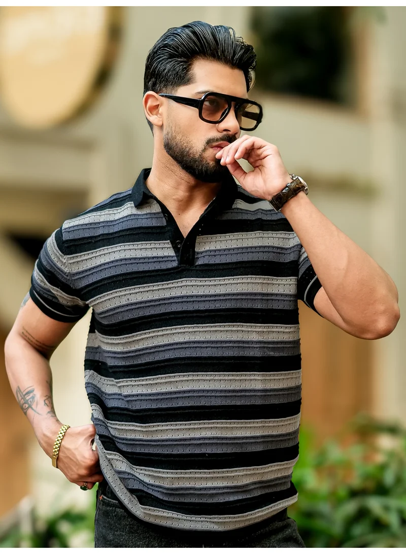Maniac Maniac Mens Stripe Polo Neck Half Sleeve Black and Grey FlatKnit Cotton T-Shirt