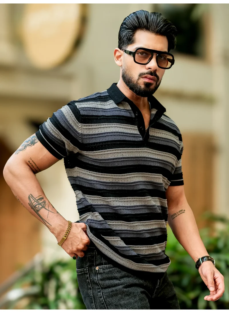 Maniac Maniac Mens Stripe Polo Neck Half Sleeve Black and Grey FlatKnit Cotton T-Shirt